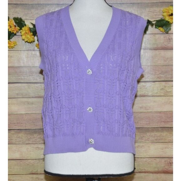 Time After Time Purple Sleeves Crochet Vest Crystal Button Front Size L Granny - Picture 1 of 11